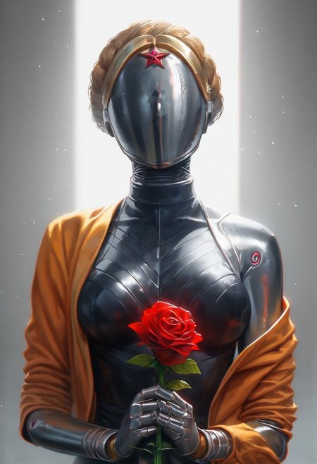 Score_9, score_8_up, score_7_up, realisic art style, macro view, photorealism, 1girl, close-up, wide angle, skin detail, side view, dynamic lighting, dramatic lighting,
TheTwinsSDXL, medium breasts, black metallic skin,  helmet, yellow jacket, slim, blonde, (faceless:1.0), robot, (holding black metallic rose), (holding rose)