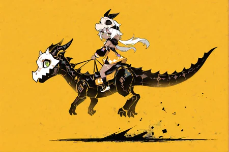 masterpiece,best quality,good quality,very awa,very aesthetic,absurdres,newest,solo,jitome,big eyes,looking at viewer,simple background,1girl,baby dragon,riding,1girl riding baby dragon,full body,monochrome,looking back,yellow background,female focus,yellow theme,Background Segmentation,Dutch Angle,<lora:ponyv6_noobV1_2_adamW-000017:0.8>,<lora:USNR_STYLE_XL_lokr:0.45>,<lora:mengxuanliart:0.65>,
<lora:Iansan-ill-Tanger-000014:0.8>,Digital Deconstruction,Glitch Art,
Iansan \(genshin impact\),clothes: Iansan def  balck and yellow clothes,skull mask on head,single thighhigh,1girl,green eyes,pointy ears,dark skin,long sleeves,white hair,