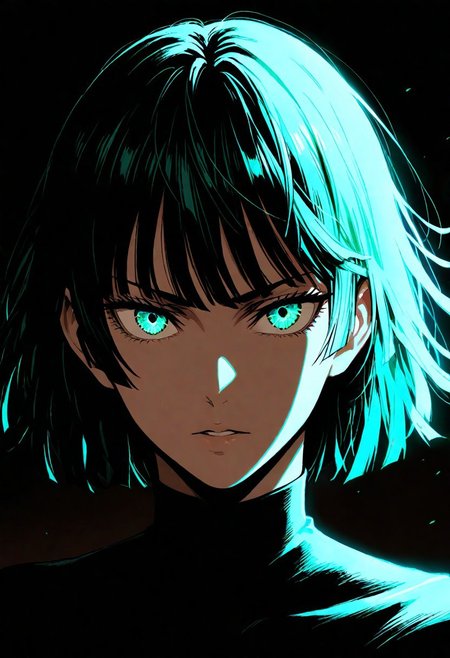 1boy, fubuki from one punch man,   solo, looking at viewer, portrait, dark, underlighting, masterpiece, best quality, very aesthetic