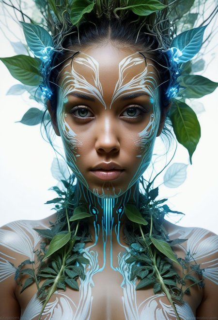 bioluminescent, mysterious face of an exotic girl in plant clothing, fading white background, alluring goddess, by Minjae Lee, Carne Griffiths, Emily Kell, Steve McCurry, Geoffroy Thoorens, Aaron Horkey, Jordan Grimmer, Greg Rutkowski, amazing depth, double exposure, surreal, geometric patterns, intricately detailed, bokeh,  perfect balanced, deep fine borders, artistic photorealism , smooth,  great masterwork by Suiras  <lora:add-detail-xl:2>  <lora:Double_Exposure:0.5>