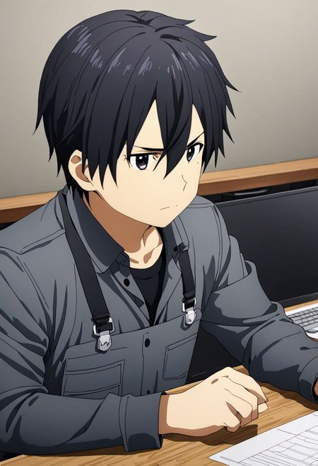 high resolution, professional photography, best quality, 1Boy, Kirigaya Kazuto, Black Hair, Black Eyes, overalldetail, worker, working, office space, office desk, concentration, focus, laptop