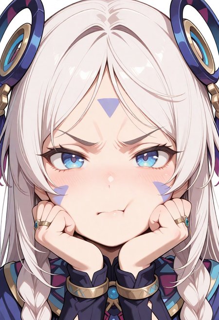 masterpiece, best quality, amazing quality, very aesthetic, flat colors,
1girl, close up portrait, eye focus, long hair,facial mark,blue eyes,twin braids,ring hair ornament, looking at viewer, puffed cheek, annoyed, cute