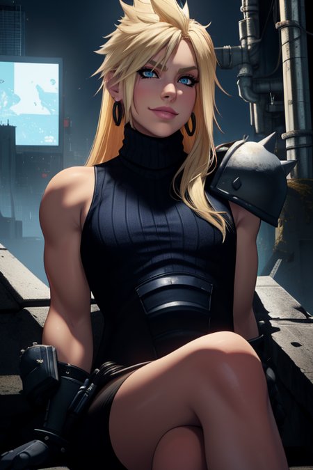 Cloud, long blonde hair, spiked hair, blue eyes,  solo,  sitting,  upper body,  eyeliner,  looking at viewer,  smirk, lip gloss, 
CDGearsleeveless,gloves,turtleneck ,armor,shoulder armor, sleeveless turtleneck, earrings , flatchest, 
night,  industrial,  cyberpunk, 
(insanely detailed, beautiful detailed face, masterpiece, best quality)  <lora:Cloud:0.7>