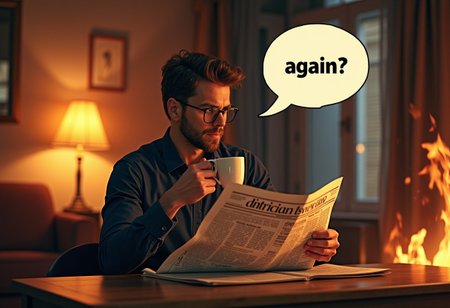 a man with a newspaper drinks coffee in a burning house, distracted from reading the newspaper, a monologue bubble with the text "again?"