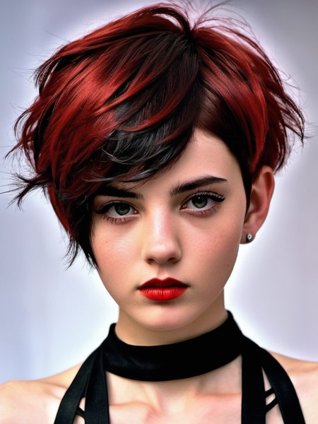 haute couture display of a Savage alluring 21yo girl tomboy, (light eyes:1.2), short red black hair, natural beauty, wearing modern stylish costume, very detailed face, seductive lady, smirk, natural lighting,  highly detailed, high quality . 85mm lens, f/2.2, vibrant colors, dramatic lighting, Beautiful skinny woman<lora:epi_noiseoffset2:1>