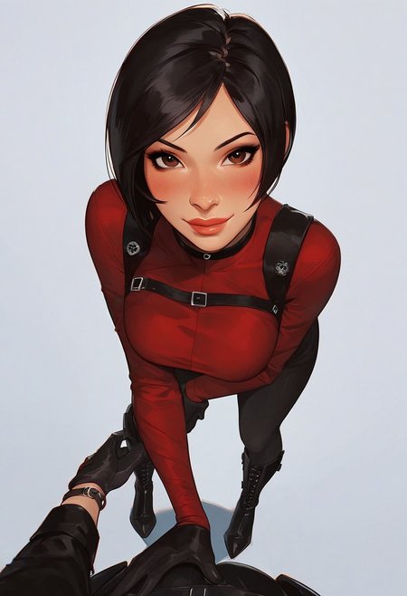 score_9, score_8_up, score_7_up, score_6_up, anime, Ada wong, short black hair, straight hair, white skin, brown eyes, sexy face, sexy, cute face, smile, perfect eyes, blush on nose, pov, slim, full lips, sexy pose, hips, thick thighs, standing, ass shot, white background, tight red dress with long sleeves, black tactical harness, black gloves, high leather boots with heels, short black hair, straight hair, white skin, brown eyes