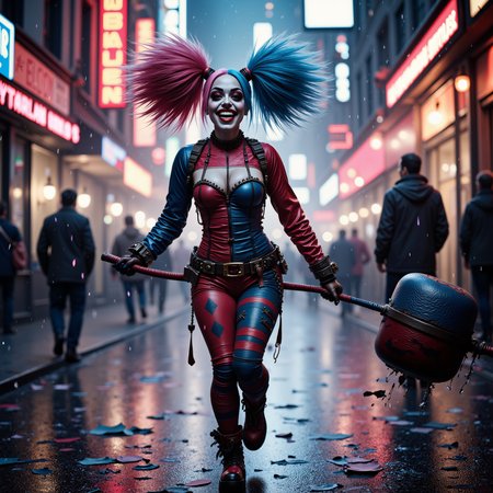 Under the flickering neon lights of Gotham City, Harley Quinn, with her iconic pigtails dyed in red and blue and her mischievous grin, skipped along a rain-slicked alleyway, twirling her giant mallet as confetti cannons burst around her, leaving a trail of chaos and laughter in her wake.