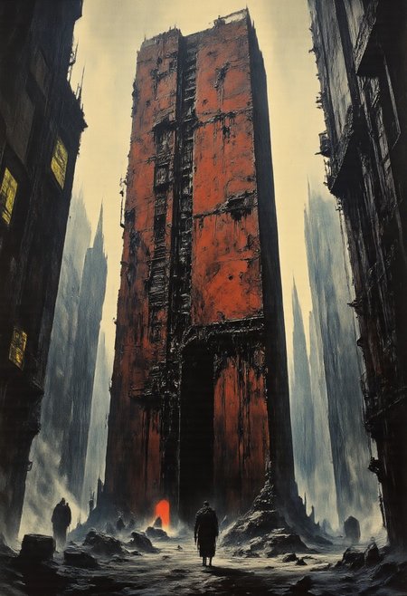 This surreal artwork depicting a dystopian cityscape under a heavy rainstorm. The scene is dominated by a massive, rusted, and decaying scifi structure, painted in shades of red and dark, with a texture that suggests years of neglect. This structure appears to be a towering, vertical building with numerous windows and vents, some of which are cracked or missing.
In the background, the cityscape features a mix of futuristic and industrial architecture, including towering strange skyscrapers and large, cylindrical structures, all covered in a thick layer of rain. The buildings are predominantly dark gray and black, with a few spots of light, possibly from streetlights or neon signs, adding contrast. The raindrops are depicted as tiny specks, creating a sense of heaviness and gloom.
In the background, a silhouettes is partially visible,  obscured by the rain,lurking, which hints at a dark fantasy or sci-fi element. The overall mood is bleak and desolate, with a focus on the harsh, gritty textures and the overwhelming presence of the rain.reflections,best quality,masterpiece,detailed,rich neon colors,glow,shimmer,cables,wires,color contrast,award-winning,disturbing,hard science fiction,futuristic,lost technology, melancholy,dramatic,tragic,visionary,sepia,dense fog,dust,(close-up),vanishing point,forced perspective,
H.R.Giger
Zdzisław Beksiński,
Philippe druillet
John Berkey
Nicola Samori
john  grimshaw