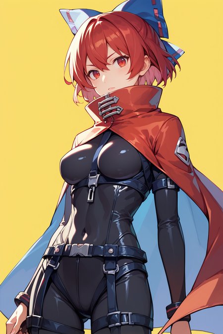 score_9, score_8_up, score_8, score_9, 1 girl,  source_anime, sekibanki, black shirt, red cape, red hair, red eyes, hair bow, short hair, rock'n'rock'n'beat, bodysuit, black bodysuit, yellow background, <lora:sekibanki_pony_v2-10:1>, score_9, score_8_up, score_8, score_9, 1 girl,  source_anime,