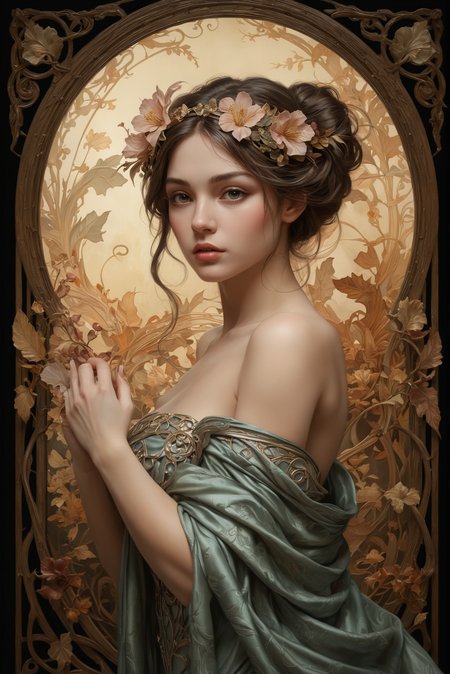 famous artwork by (brian froud:1.1) and (frank frazetta:1.1) and (jay anacleto:1.3) and (scott m. fisher:1.2), (dramatic scene:1.3), (fractal art:1.2), dynamic angle, Elegant Art Nouveau Ambiance: Enter a world where (graceful curves and floral motifs:1.2) define the Art Nouveau aesthetic, infusing spaces with an air of refined elegance. Marked by (intricate patterns and flowing lines:1.3), it creates a symphony of (visual harmony and organic beauty, transporting observers to an era of unmatched Art Nouveau sophistication:1.2). Embracing elegant Art Nouveau ambiance cultivates an environment of timeless allure and artistic inspiration, enveloping viewers in the graceful essence of Art Nouveau innovation and its enduring charm, encouraging them to revel in the splendor of organic forms with hearts filled with admiration and fascination. ,
an nestled female  with smooth skin skin, looking Pensive, Eyes focused inward, brow furrowed, and lips pursed. into the camera  <lora:add-detail-xl:3>