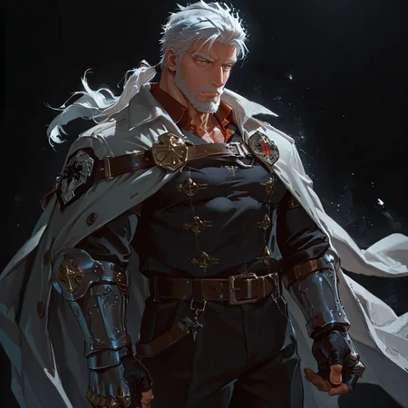 <lora:Ren__Alchemist_Code-000005:.7>, tagatameren, ren_white hair, ren_grey eyes, 1boy, ponytail, solo, male focus, manly, bara, muscle body, mature male, belt, emblem, cape, coat, collared shirt, fingerless gloves, pants, boots, armored gloves
{upper body|cowboy shot}, 
(very short hair), male focus, muscular male, large pectorals, muscular male, bara, mature, (hairy body, hairy, body hair, arm hair, leg hair, hairy body, glossy skin, bara, mature, facial hair, beard, full beard, sideburn, mustache, stubble), facial hair, bara, mature, body hair, aixiwuganda_(20222192), very awa, masterpiece, best quality, absurdres, newest, perfect quality, detailed background, intricate details,<lora:slider_Body Type_alpha1.0_rank4_noxattn_last:2><lora:Anime Summer Days 2 Style SDXL_LoRA_Pony Diffusion V6 XL:.6><lora:merged:.7>, DARK, DARK BACKGROUND, LOW-KEY LIGHTING <lora:slider_cfg_scale_boost:.7><lora:Artist6p:.55>, Artist6p, Artist04p,<lora:slider_il_brightness_slider_d1:-.5><lora:slider_il_contrast_slider_d1:-.25>,<lora:slider_contract_controller_illus01_v1:.3>, <lora:addon_illustriousXLv01_stabilizer_v1.121:.5>,<lora:slider_DarkSlider1.2_alpha1.0_rank16_full_300steps:-.2><lora:Heavenly_Beauty_r1:1>, (heavenlybeauty,)<lora:slider_style_strength_controller_illus01_v1:.25>