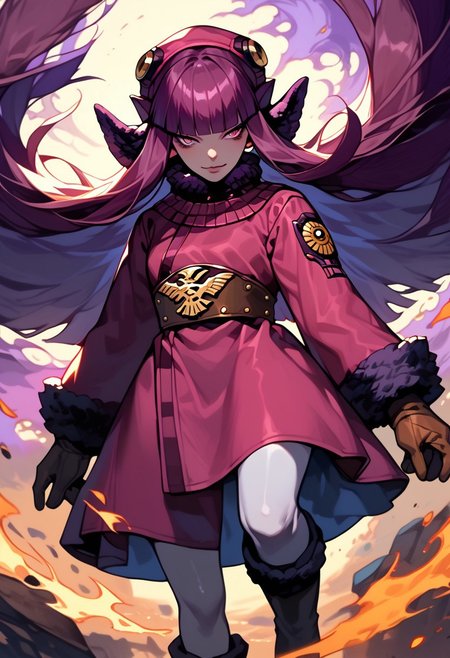 score_9, score_8_up, score_7_up, y0tt4, 1girl, solo,  
mohshuvuusmt, hat, purple hair, long hair, blunt bangs, coat, fur trim, boots, gloves