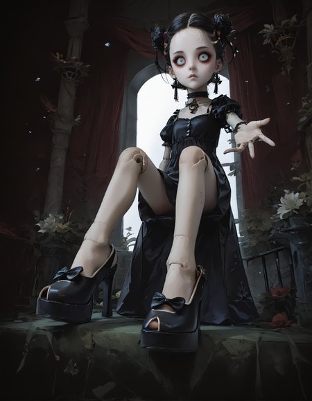 score_9, score_8_up, score_7_up, score_6_up, score_5_up, score_4_up,
1girl, goth, black dress, black hair, 
doll, ball joints, long legs, expressionless,
knees to chest, sitting, knees up, 
(outstretched arm:1.2), (reaching toward viewer:1.2),
indoors, school, 
(from below), (from side:1.25), foot focus,
(wide angle:1.2), (fisheye lens:1.5), (foreshortening:1.3),
night, dark, dark background, Low-key lighting,
light particles,
(r3w1nd heels:1.2), 
dontstarvestyle, blank eyes,
embedding:zPDXL2 ,