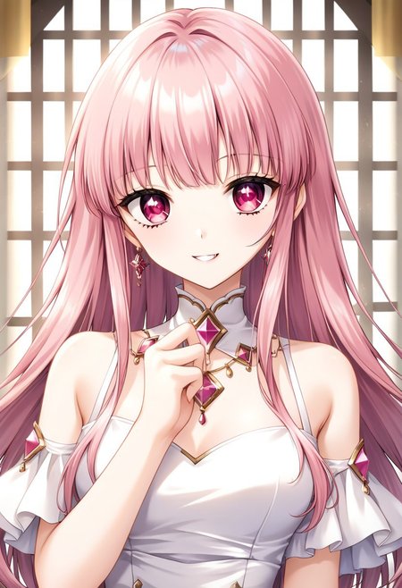 score_9, score_8_up, score_7_up, masterpiece, best quality, beautiful, source_anime, perfect anatomy, looking at viewer, gentle smile, Cecile_Claudel, pink hair, pink eyes, bangs, side bangs, white dress,