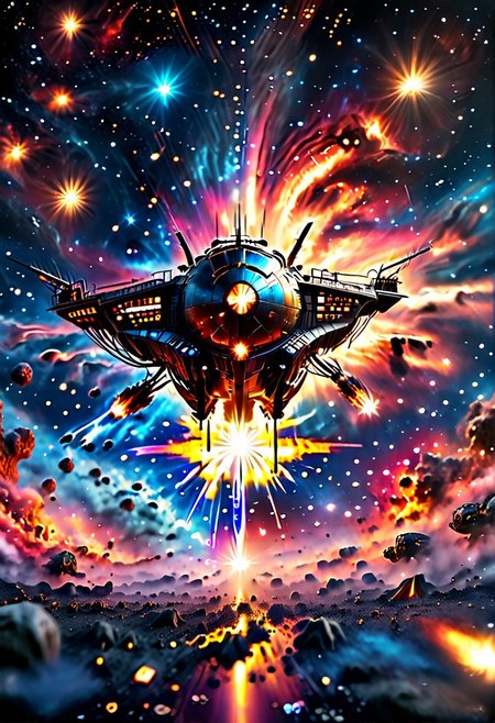 high quality, 8K Ultra HD, highly realistic, The great and sleek black ship is moving forward, blasting through space. It has powerful cannons facing forward that are unleashing powerful blue energy weapon blasts upon an unseen foe. Embark on an enchanting 8K photorealistic journey as a magnificent starship blasts through a star system.  The ship gracefully flies among other ships. The starship's design boasts advanced technological elements. The camera captures every minute detail, by VelvetS, octane render,from slightly to the side.  perfectly symmetrical ship.  Weapons fire blue energy beams.  IT is shooting Blue energy beams, deep space
<lora:DonM3t3rn1tyXL-v1.1:0.7>, DonM3t3rn1tyXL,
OverallDetailXL  <lora:MJ52:0.3>  <lora:SDXLFaeTastic2400:0.4>