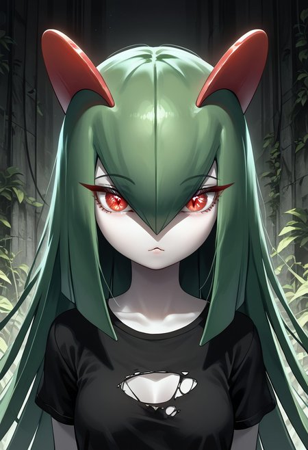 (((Kirlia))), female, anthro, pale white skin, score_9,score_8_up,score_7_up, masterpiece, best_quality, ultra-detailed, masterpiece, 1girl, solo, kirlia, black hair, very long hair, red eyes, cute, perfect face, thick eyeliner, hourglass body, high quality, low light, dramatic lighting, darkness, intricate details, portrait, ((face focused)), wearing ripped dirty black t-shirt, detailed background, post-apocalypse background, ruined house, overgrown with plants, (perfect eyes:1.3,((cat pupils))),dvr-lnds-sdxl, combinestyle