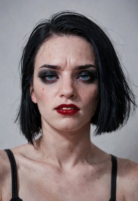 score_9, score_8_up, score_7_up, score_6_up, score_5_up, score_4_up, BREAK, RAW, horsefaced, teeth, medium_shot, 1girl, portrait of a beautiful goth, Horsefaced, black hair, black bangs, Blunt bangs paired with shoulder-length hair, pale skin, red lips, cute, eyeliner, makeup, seductive stare, tired eyes, upturned eyes, eyelashes, bangs covering forehead, long face, rectangle head, long nose, Goth Girl, looking at viewer, shelly duval, subtle smile, visible teeth, chubby cheeks, oval jawline
