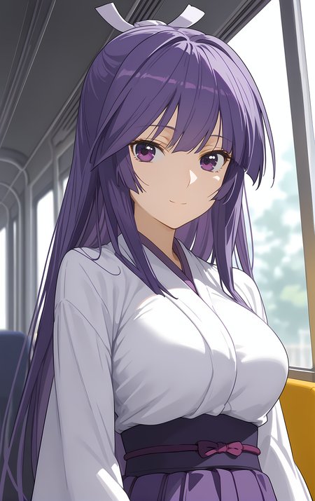 (score_9, score_8_up, score_7_up), looking at viewer, light smile, closed mouth, shiny skin, tight clothes,
ohwx, 1girl, solo, solo_focus, purple_eyes, long_hair, japanese_clothes, purple_hair, very_long_hair, breasts, ponytail, long_hair, breasts, large_breasts,
japanese_clothes, kimono, sash, kimono, skirt, hakama, hakama_skirt, purple_hakama, white_kimono,
blurry, cowboy shot, dutch angle, train interior, scenery, seat, vanishing point, sunlight, (upper body, close-up:1.5),
 <lora:miya_asama_pony_ss-000002:1>
