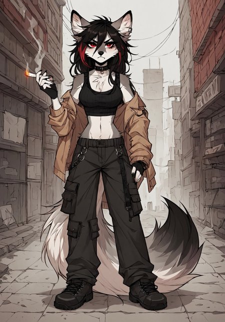 safe_pos, score_9_up, score_8_up, score_7_up, score_6_up, source_furry, (best quality:1.1), ultra-detailed, high resolution, highly detailed macro illustration, solo BREAK 1girl, Rixa, anthro, female, (gray and white fur), animal ears, black ear tips, thin black eyebrows, black animal nose, (beautiful red eyes:1.4), (long eyelashes:1.2), (long black hair, red tipped hair), striped fluffy tail, breasts, narrow waist, fangs, (angry expression, evil face:1.2), frown, top, leather jacket, combat pants BREAK mikus-concept, full body, standing, hand on hips, smoking, large cigarette, smoke BREAK (detailed background), outside, city, industrial district, smog BREAK sharp focus, perfect lighting, anatomically correct, extremely detailed, high detail, detailed background,