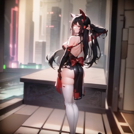 Masterpiece, (photorealistic:1.1), best quality, beautiful lighting, detailed,  RAW photo,  anna, 1girl, solo, bangs, (black_hair:1), (red_dress:1), (lying on the sofa), (red_headwear), (maid_red_hair_accessories),   (full body), bare_shoulders, (small breasts), bridge, hair_ornament, brown_eyes, long_hair, looking_at_viewer, (white_boots:1.1), lie on the floor, (cyberpunk city), flower,  <lora:Anna2_TOF_v1.2:1>