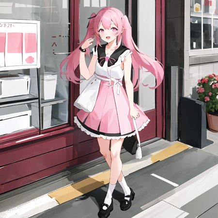 chiyoura chiyomi,solo,1girl,<lora:chiyoura chiyomi:0.7>,twin tail,long hair,pink hair,pink dress,ruffled skirt