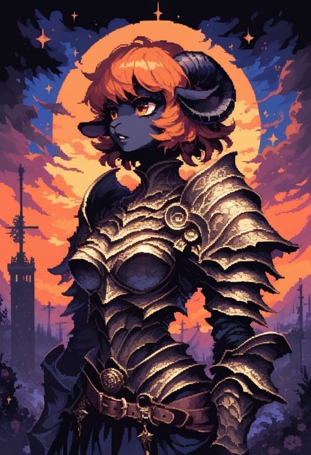 score_9, score_8_up, score_7_up, ultra quality, d3p1x3l, pixel art, fantasy, solo, 1girl, sheep girl, anthro, (black fur), orange hair, fur tuft, mixed black armor, cloth belt armor, goggles, standing, upper body, parted lips, looking away, dutch angle, fantasy plains, evening, shooting stars, water streams, ruined structures, electric haze