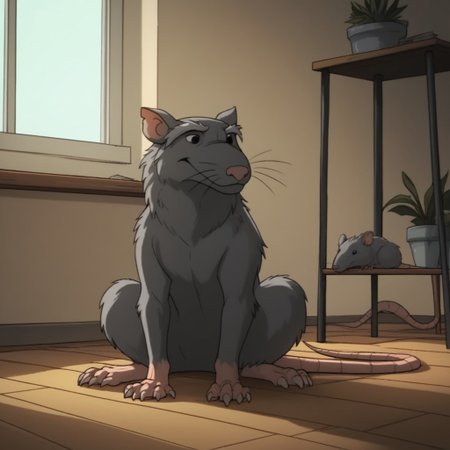 score_9, score_8_up, score_7_up, score_6_up, score_5_up, score_4_up, source_furry, Splinter03v2, feral, male, rat, grey fur, black eyes, rat tail,  inside, sitting