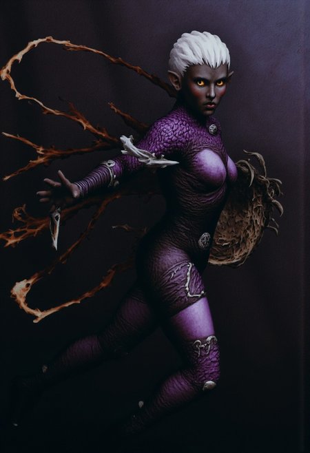 b3rs3rk macro lens d4concept pov, 3D01S, simple background d4artstyle atmospheric and powerful MikeFranchinastyle dark fantasy, natural organic and first person pov of a berserk style creature in the Tsutomu Nihei style
Dark elf warrior, ebony skin with a slight metallic sheen, contrasting shock-white hair ranging from short and tousled to long and flowing. Sharp, angular facial features with high cheekbones and pointed ears. Piercing eyes that glow with inner light, colors varying from amber to pale lavender. Athletic, lithe body clad in intricate, form-fitting armor made of overlapping weaved plates and scales in deep dark purples, blacks, and gunmetal grays. PaperStyle Armor design includes ornamental  bladed edges, suggesting both protection and offensive capabilities. Wielding an assortment of elemental weapons including curved katanas, poison bottes, and magical whips made of crackling energy. Poses range from dramatic action stances to regal portraits, conveying both lethal grace and commanding presence. Background shadowy caverns. Art style spans from highly detailed digital paintings to stylized fantasy illustrations, with emphasis on dramatic lighting and shadow play to accentuate the character's mysterious and dangerous aura
UHD letterboxed game trailer frame chromatic aberration dark atmosphere sharp masterpiece with a focus on the character, elden ring, dark atmosphere