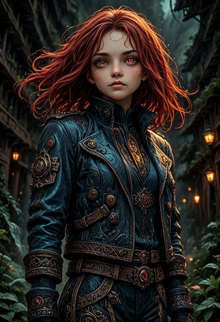 1girl, side view, she is Nausica of the Valley of the Wind, solo, masterpiece, absurdres, best quality, (colorful), cinematic lighting, realistic, dynamic pose, extremely detailed, head turned to look at viewer, red hair, beautiful detailed face,(intricate detailed blue short military jacket with gold inlaid, short miniskirt, military black boots),  stands alone on top of a crag among the mountains with a deep valley below, there are big stone windmills down in the valley with their blades turning in the strong wind, solo, masterpiece, absurdres,  dynamic pose, the Sun shines over her, sun rays in her hair,subsurface scattering, remarkable color, ultra realistic, textured skin, remarkable detailed pupils, realistic dull skin noise, visible skin detail, skin fuzz, dry skin, bokeh, sharp focus on subject. perfect eyes, detailed eyes, no headgear,extremely detailed, looking at viewer, beautiful detailed face, subsurface scattering, remarkable color, ultra realistic, textured skin, remarkable detailed pupils, realistic dull skin noise, visible skin detail, skin fuzz, dry skin, bokeh, sharp focus on subject. perfect eyes, detailed eyes,