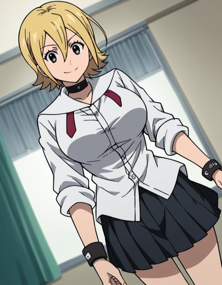 score_9, score_8_up, score_7_up, source_anime, <lora:hime-onizuka-s2-ponyxl-lora-nochekaiser:1>, hime onizuka, short hair, blonde hair, hair between eyes, black eyes, large breasts,, skirt, school uniform, pleated skirt, choker, wristband, sleeves rolled up, black skirt, pleated skirt,, indoors, smile, looking at viewer, solo,, cowboy shot, dutch angle