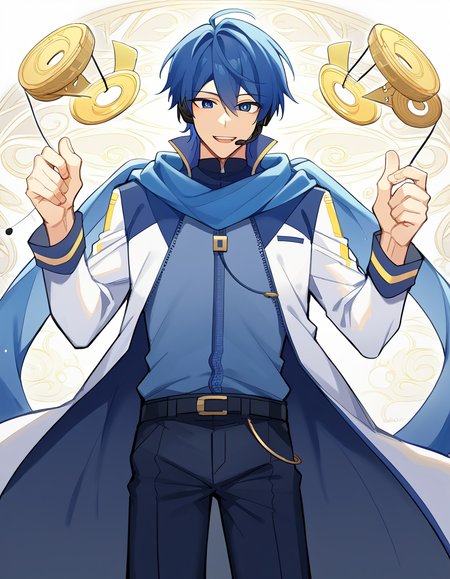 score_9, score_8_up, score_7_up, source_anime, <lora:vocaloid-kaito-ponyxl-lora-nochekaiser:1>, kaito, kaito (vocaloid), blue eyes, blue hair, male focus,, belt, blue pants, blue scarf, blue shirt, coat, headset, microphone, pants, scarf, see-through clothes, zipper, ballroom, dance floor, chandeliers, formal wear, smile, <lora:pendulum-ponyxl-lora-nochekaiser:1>, pendulum, holed coin, coin on string, hypnosis, mind control, coin, @ @,, looking at viewer, solo,, dutch angle, cowboy shot