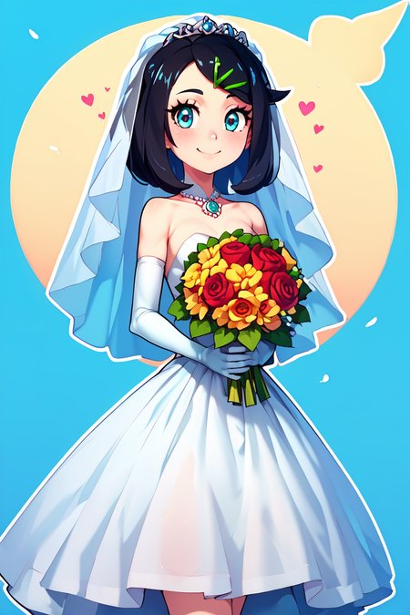 score_9, score_8_up, score_8, medium breasts, (curvy), cute, eyelashes,       BREAK, , Liko, hairclip, <lora:Liko-Idkanymore50:0.8>, , BREAK, smile, looking at viewer,  bride, wedding dress, bridal veil, strapless dress, elbow gloves,  holding bouquet,  hearts, white outline, cowboy shot, embedding:zPDXL, Expressiveh, <lora:CatalystStylePDXL:0.6>,  <lora:SDXLFaeTastic2400:0.5>,  <lora:Expressive_H-000001:0.4>,