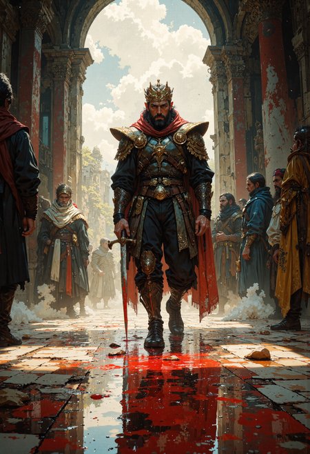 masterpiece, high-quality, hyperdetailed, refined details, best quality, high resolution, A once-mighty monarch, still wearing his battered golden crown, staggers across the marble floor of his own throne room, a gleaming sword buried deep in his left side. Blood trickles in a crimson trail, staining the intricate mosaic tiles underfoot. The kings face twists in a raw mixture of betrayal, pain, and lingering pride. Sunlight from the shattered palace windows highlights each speck of dust swirling in the air, framing the fallen banners of his dynasty. In the distance, smoke and sparks float as treacherous courtiers vanish through shadowed corridors. Tension radiates in every quivering muscle of the wounded ruler, his trembling hand clutching desperately at the blades hilt. Heavy chiaroscuro emphasizes the contrast of pale light and looming darkness, capturing the tragic final stand of the king in elaborate, hyperdetailed grandeur, <lora:FLUX\Anime v1.3:0.5> <lora:FLUX\FantasticalRealismV2:0.8> <lora:FLUX\StylizedEdge:0.4> <lora:FLUX\Fluxartis 28.11A:0.3>