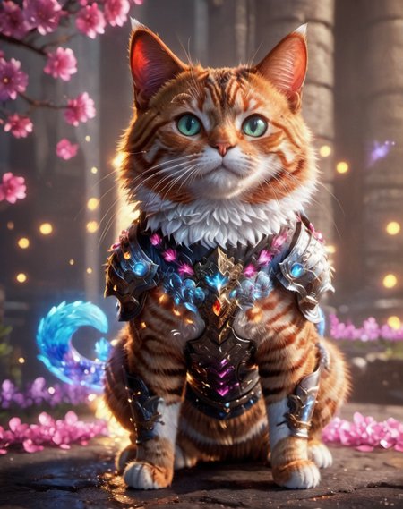 rainbowdreamxl,close up portrait of a cute cat,magical effects,armor parts,epic,trending on artstation,awardwinning,bokeh,cinematic,private press <lora:rainbowdreamxl-000004:0.6>
