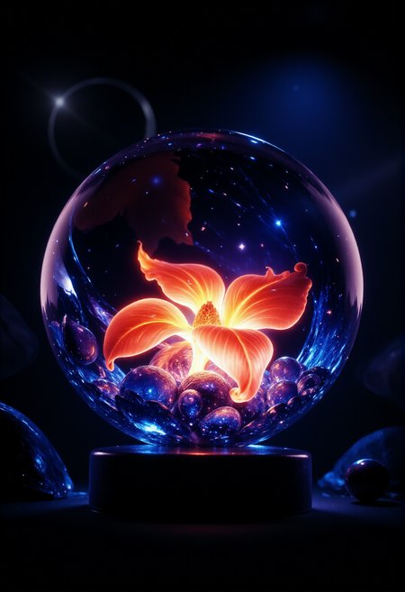 fire flower in a glass ball, space in the background.
 <lora:FLUX_Bioluminescent_Concept:1> bo-bioluminescent 
<lora:Dark Cinematic:1> DRK 
<lora:DarksunRiddV4:1>
 <lora:FL-bailing-24-0906Fire Spirit:1> bailing_fire