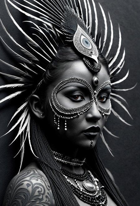 A beast made of writhing shadows and molten metal, with empty eye sockets that bleed black mist, 3D art, minimalist, ink drawing, graphite texture, rough cotton paper, monochrome, tribal portrait, detailed beadwork, feathers, face paint, subtle elegance, organic lines, cultural elements, textured surface, understated beauty, refined, traditional adornment, artistic realism, timeless composition