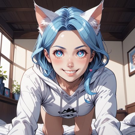 score_9, score_8_up, score_8, commix style, 1girl, Catgirl, slimes_aizome, solo, blue hair, white cat ears, white cat tail, heart eyes, oversized hoodie, on bed, all fours, leaning forward, face focus, highly detailed, dynamic angles, dynamic pose, very amazed, smile, big eyes, Expressiveh, vivid colors, looking at viewer, low angle, view from below