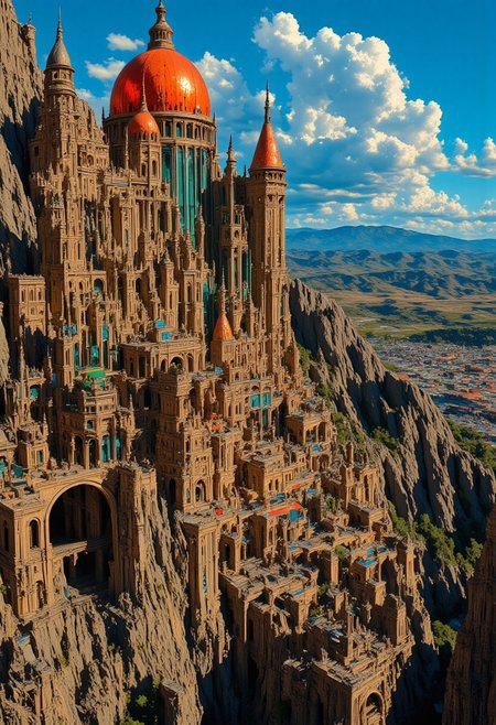 « The Magician had built a structure of steep gables, balconies, and sky-walks. »