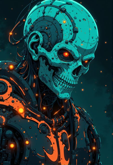 <lora:ck-ghost-reaper:0.9>, This is a digital artwork in the style of ckgr,
character portrait, the psyche lsd dream, a character out of reality from a distant hell invading earth, teal and orange glowing bioluminecent,