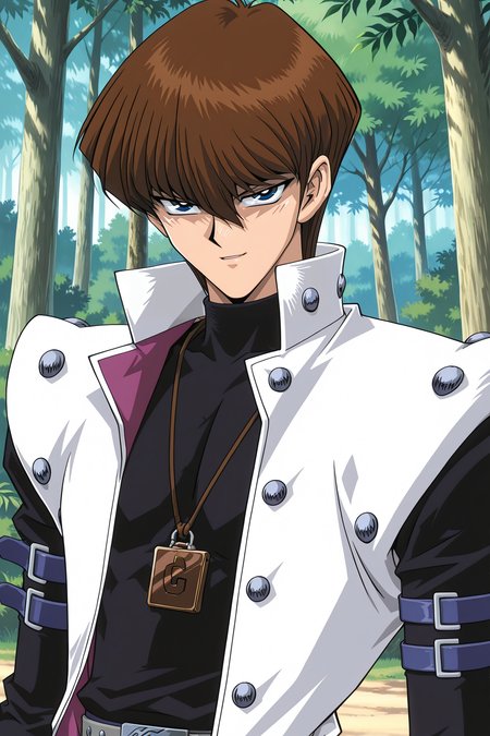 masterpiece,best quality,amazing quality, SetoKaibaYGOILXL, retro artstyle, 1boy, blue eyes, brown hair, short hair, hair between eyes, pectorals, turtleneck, white coat, open coat, black shirt, long sleeves, arm belt, necklace, guantlets, grey belt, blue pants, solo, front view, (portrait, upper body), solo focus, seductive smile, looking at viewer, forest, tree   <lora:SetoKaibaYGOILXL:1>