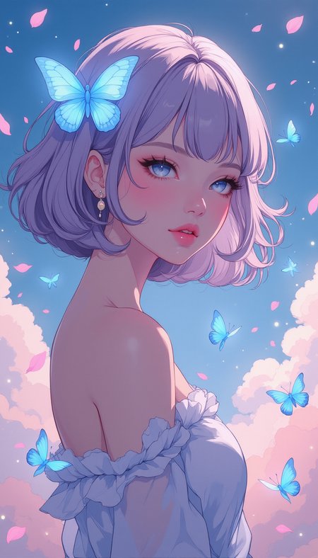 A high-quality, whimsical digital artwork in the style of pinksoftcoreanime,
A delicate woman with soft lilac curls and crystal-like eyes, with a swarm of glowing blue butterflies fluttering around her. She wears a translucent silk dress that shifts with the colors of the sky. The background is a dreamscape filled with floating petals and twinkling lights.