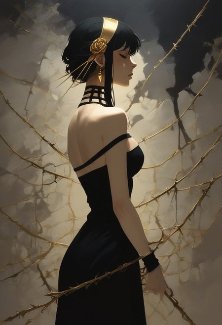 score_9,score_8_up,silhouette_with_gold_foil,1girl, yor_briar, thorn princess,
