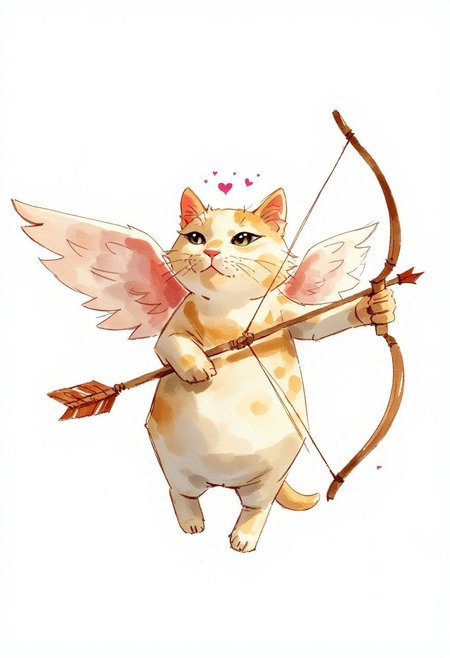 Watercolor painting of a cat with angel wings floating and holding a bow and arrow, the arrowhead is a little pink heart