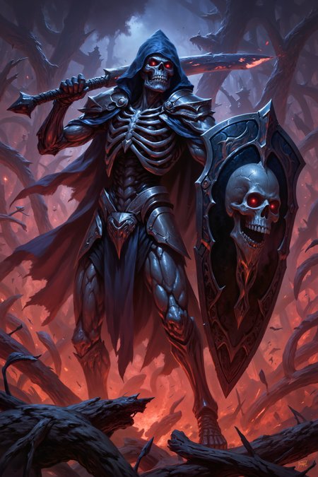 a skeletal warrior is defending with his black shield. The shield has a skull symbol on it. Fantastic lighting. Detailed shadows.intricate details, vivid colors, hyper-detailed, ultra-sharp,  mtg <lora:MTG_-_FLUX:0.65><lora:FluxDFaeTasticDetails:0.5><lora:detailed_v2_flux_ntc><lora:RetroAnimeFluxV1:0.2><lora:Flux_Fantasy_Portraits:0.5>
