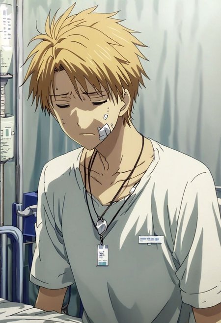 high resolution, solo, best quality, 1Boy, Yamato Ishida, Blond Hair, Necklace, sick, bandage, helpless, patient, hospital, infusion, OverallDetail