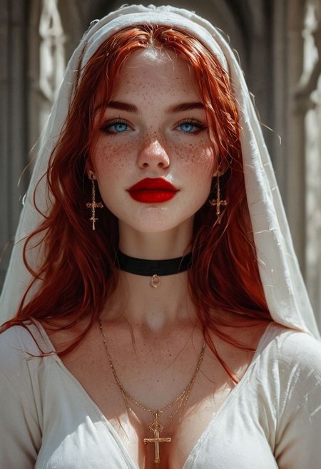 score_9, score_8_up, score_7_up, Expressive, 1woman, 18 years old, gorgeous, beautiful, perfect face, tiny body, beautiful face,  very long red hair, pale skin, blushing, freckles, tiny ass, pornstar Freckles, white manicure, earrings, black choker with crucifix pendant, wanton, red lipstick, nun, church setting, on knees, slutty, bright blue eyes, hands in prayer, full body portrait, slight smile