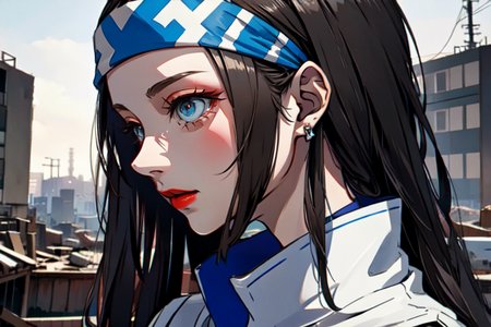 highly insanely detailed, masterpiece, top quality, best quality, highres, 4k, 8k, RAW photo, (very aesthetic, beautiful and aesthetic),  
beth_\(megami_tensei\),bethsmtii,shin megami tensei ii,long hair,black hair,straight hair,sleek black,jewelry,cross,headband,red_lipstick,Tokyo_Millennium,post-apocalyptic_city,dystopian_world,Factory_District,Industrial_zone,mining_site,Private_mansion,guarded_residence,elite_dwelling,Order_of_Messiah,Religious_order,messianic_cult,divine_rulers,Great_Cataclysm,World_ending_event,apocalyptic_disaster,city_rebirt, 
<lora:zs_Beth:0.7>, 
(1girl:1.3), 1other, 
street corner,glittering bronze background,âââ