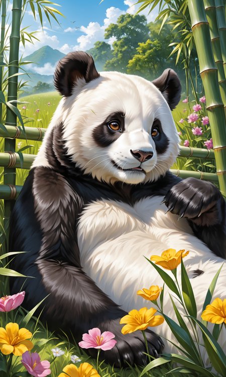 (photorealism:1.5) 
cute panda, lying on the grass, relaxed expression, surrounded by flowers, bamboo fence, sunny day, detailed fur, high detail, photorealistic, vibrant colors