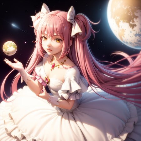 masterpiece, best quality,1girl, solo, long hair, ultimate madoka, yellow eyes, pink hair, gloves, planet, earth (planet), kaname madoka, dress, two side up,(kbxll:0.6)
