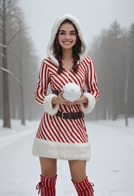 score_9, score_8_up, score_7_up, 1woman, jack_tnbc, hud_xmas1, striped dress, fur trim, long sleeves, leg warmers, belt, hood, christmas, cowboy shot, light smile, snow, holding snowball